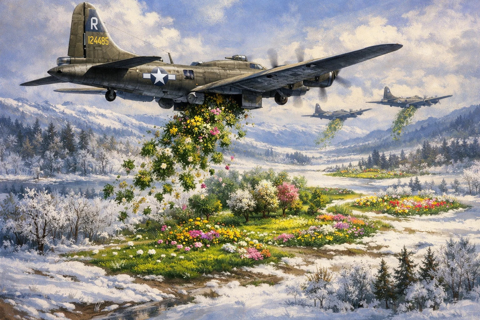 World War II bomber spreading spring over a winter field
