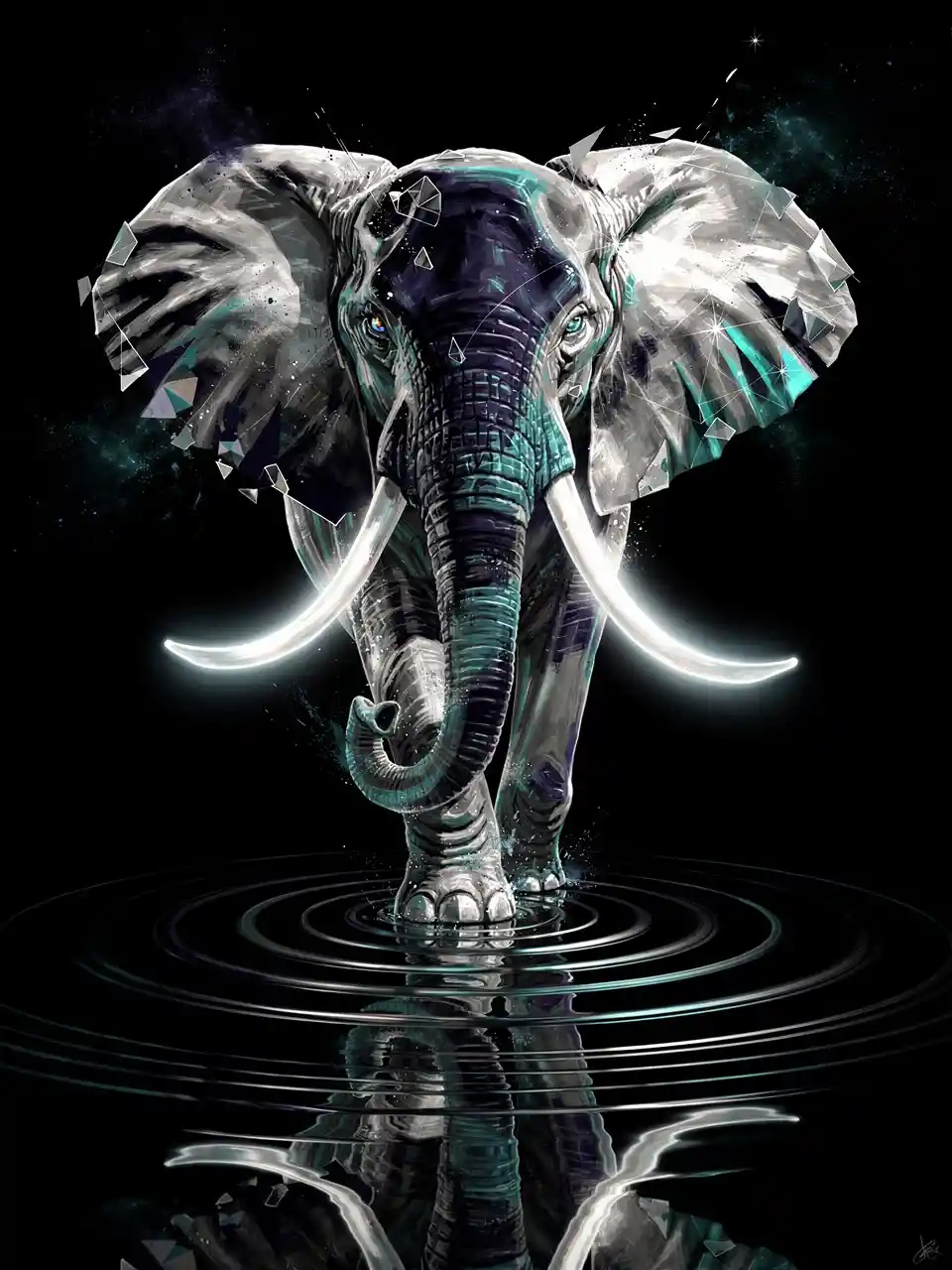 Ritratto digitale astratto di un elefante su un vuoto nero riflettente