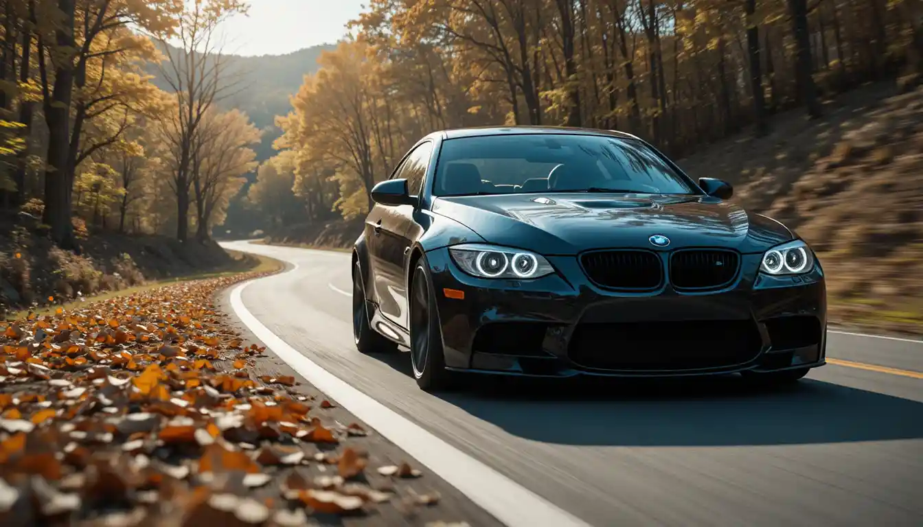 Primo piano di un'auto sportiva BMW su una strada tortuosa