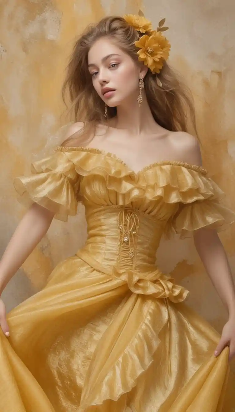 Ethereal Asian girl in golden haute couture portrait