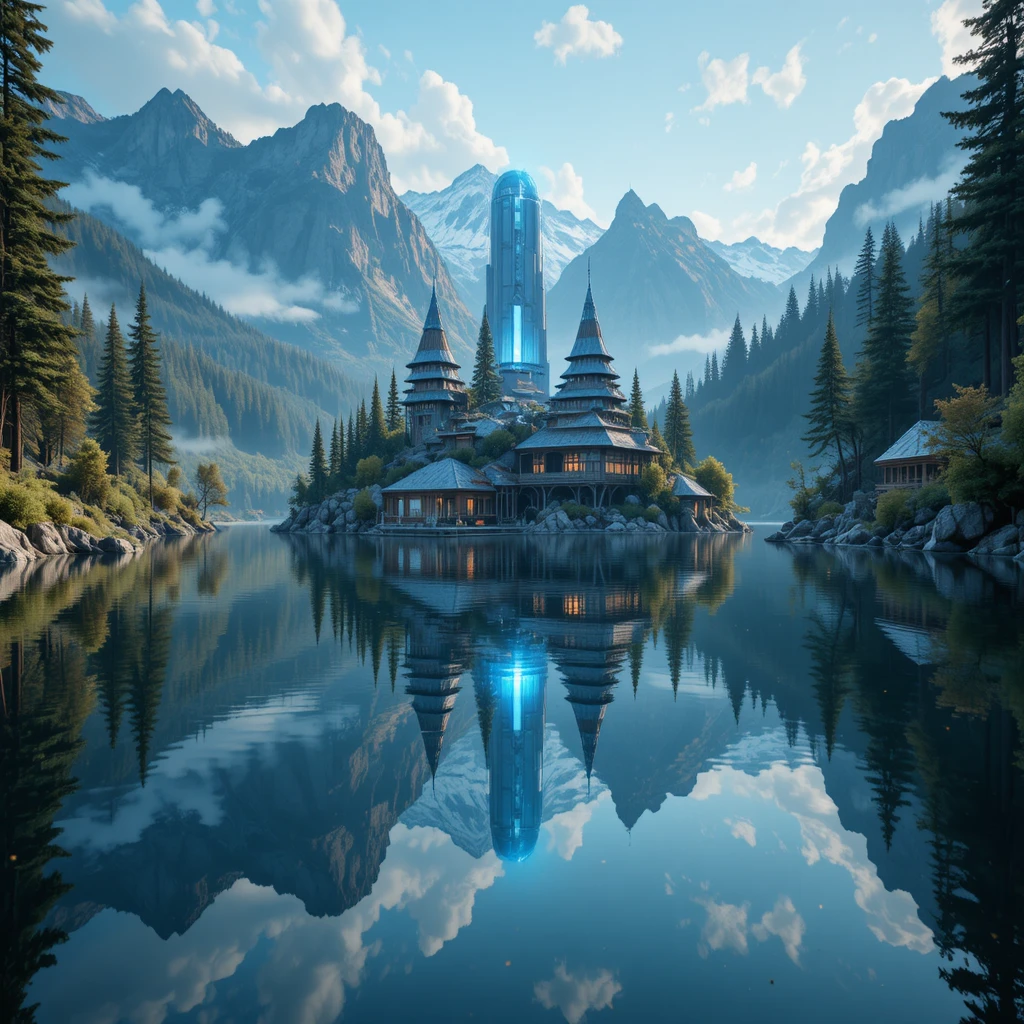 Ruhiger Bergsee, der ein lebendiges futuristisches Stadtportal spiegelt