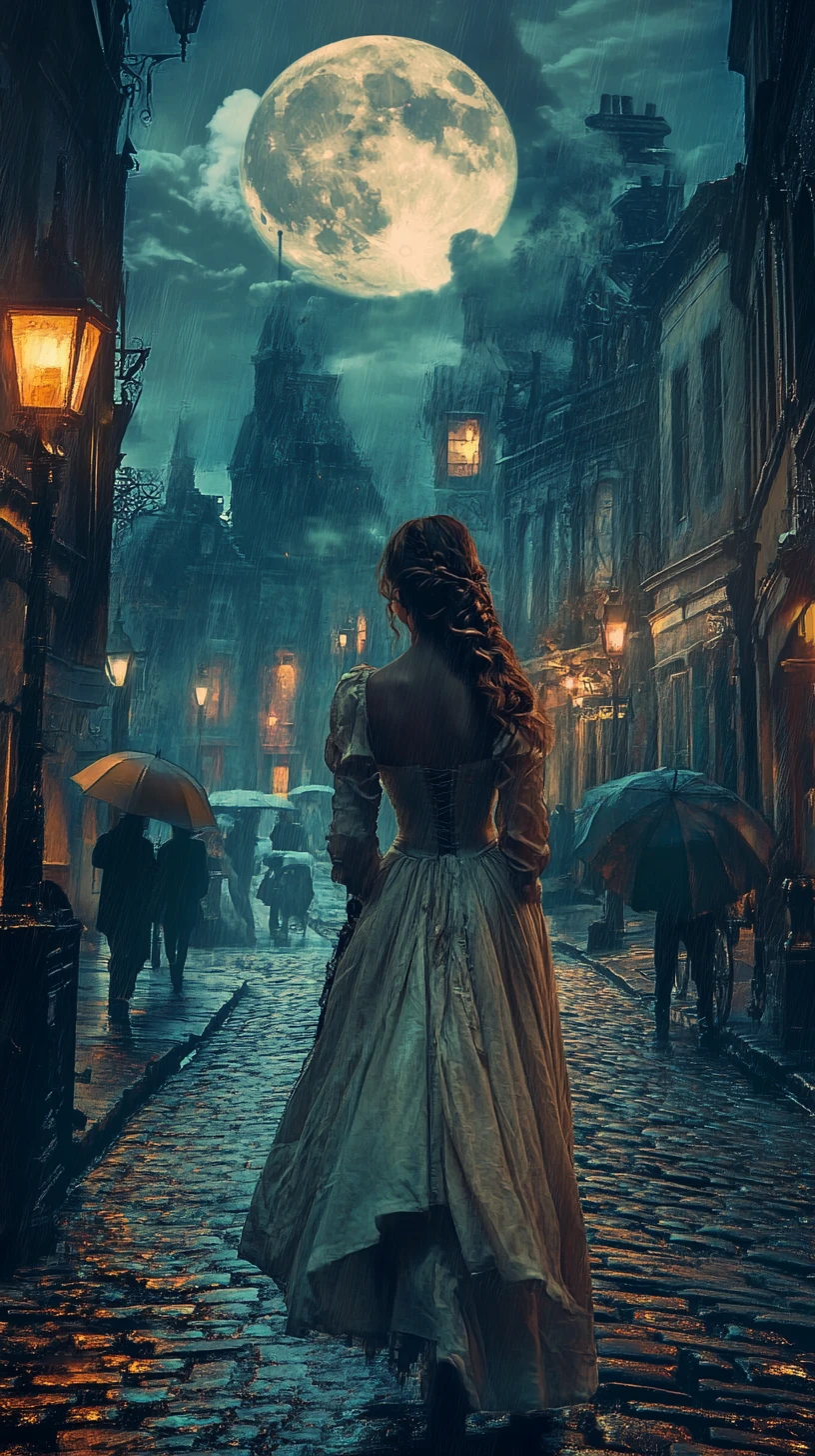 Bella donna in una piovosa strada vittoriana steampunk di notte