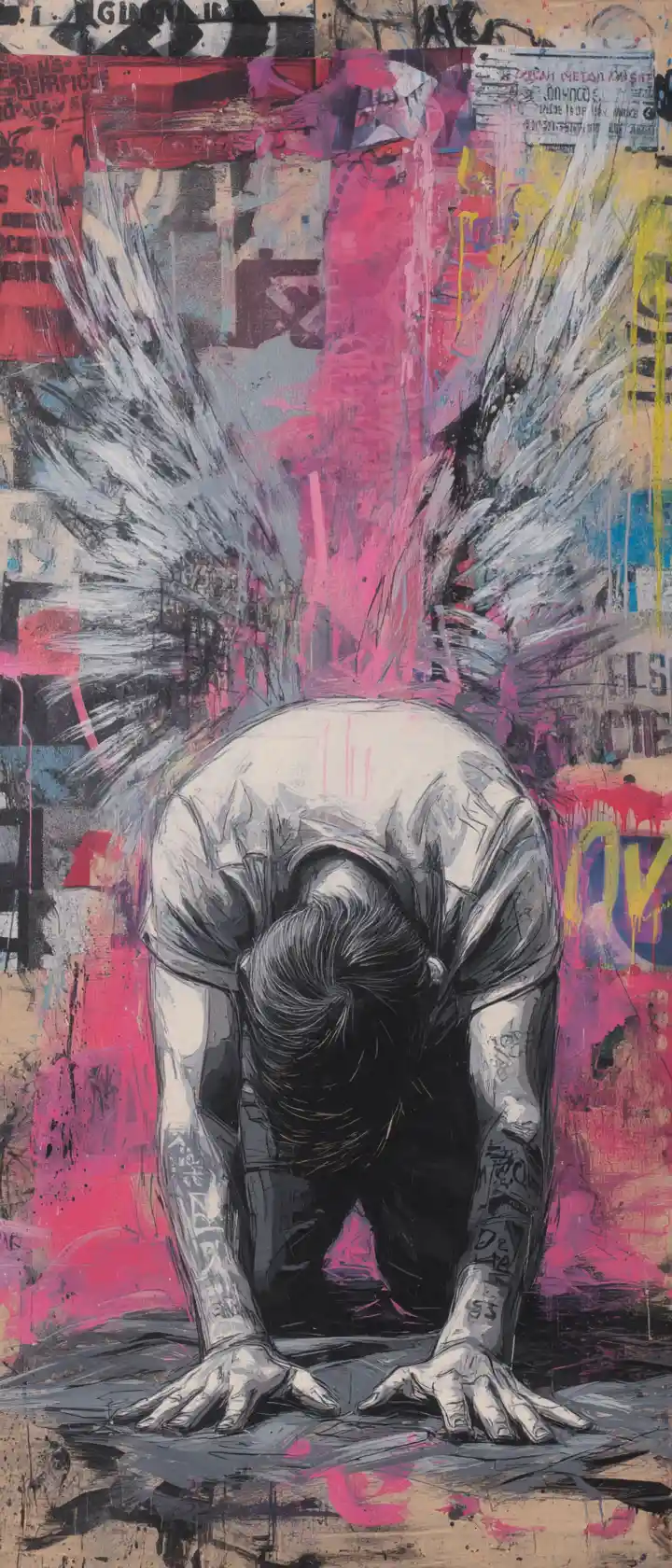 Kneeling figure collapsed in front of rising winglike strokes