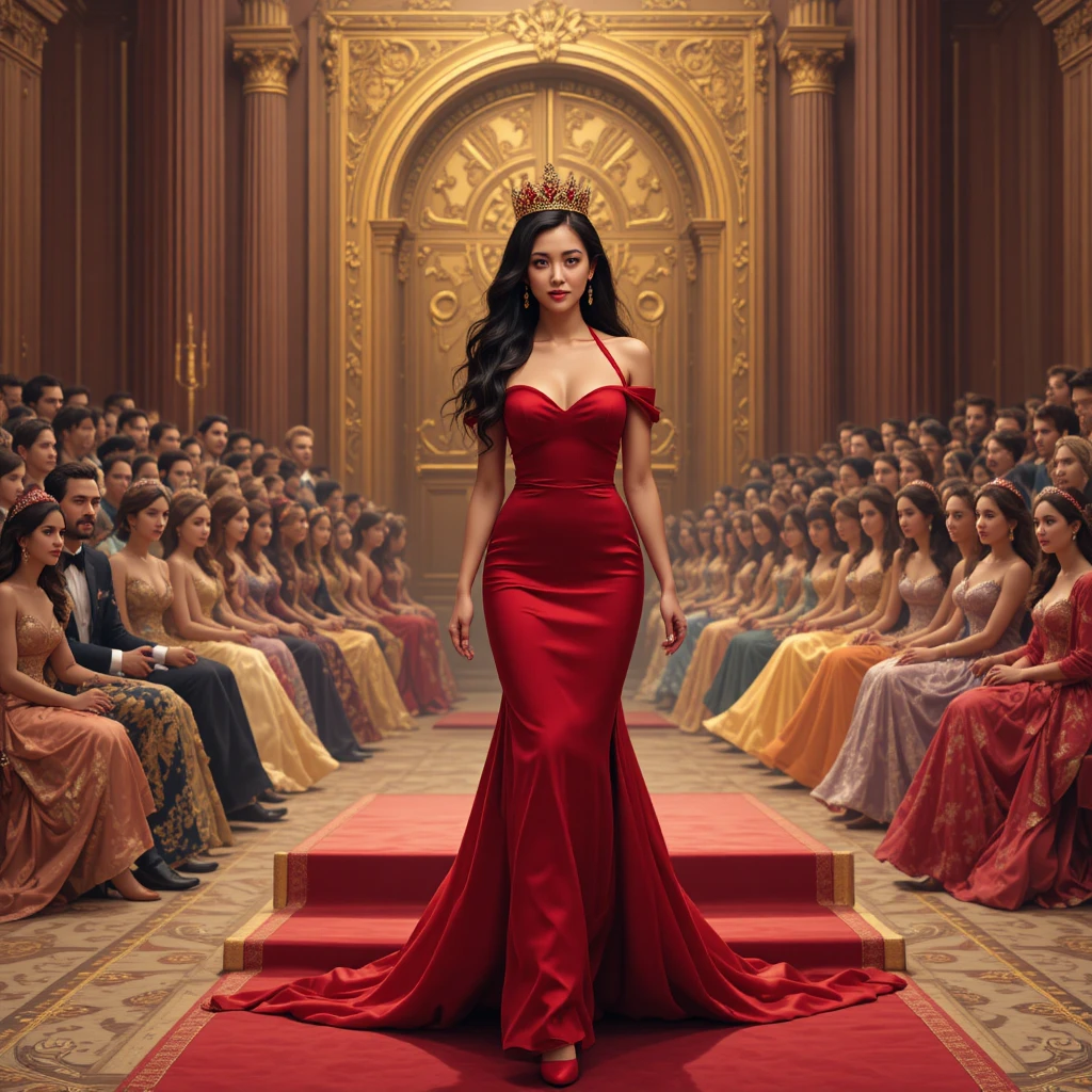 Regal woman in red gown entering a golden ballroom