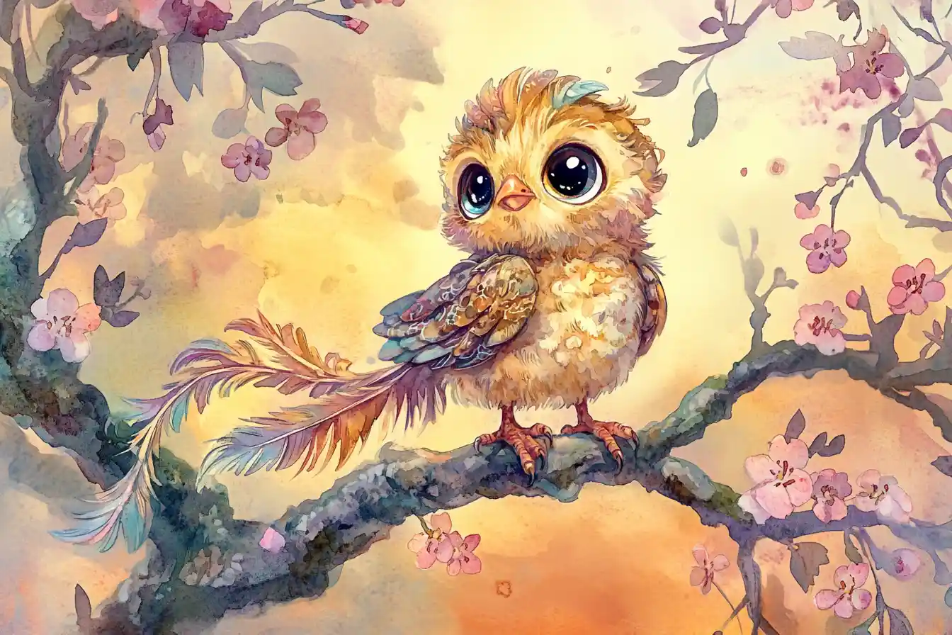 Whimsical baby simurgh perched on a flowering branch