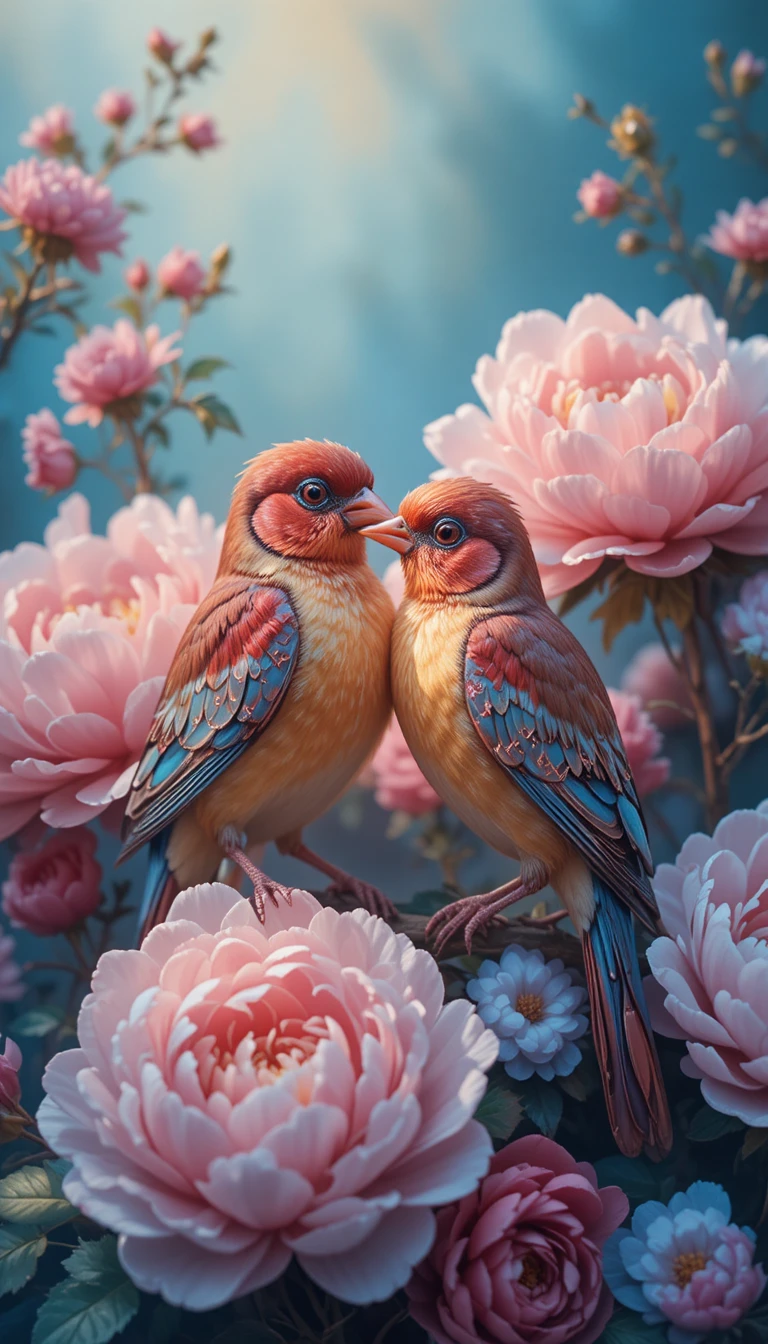 Aves Encantadas Entre Peonías Rojas y Azules