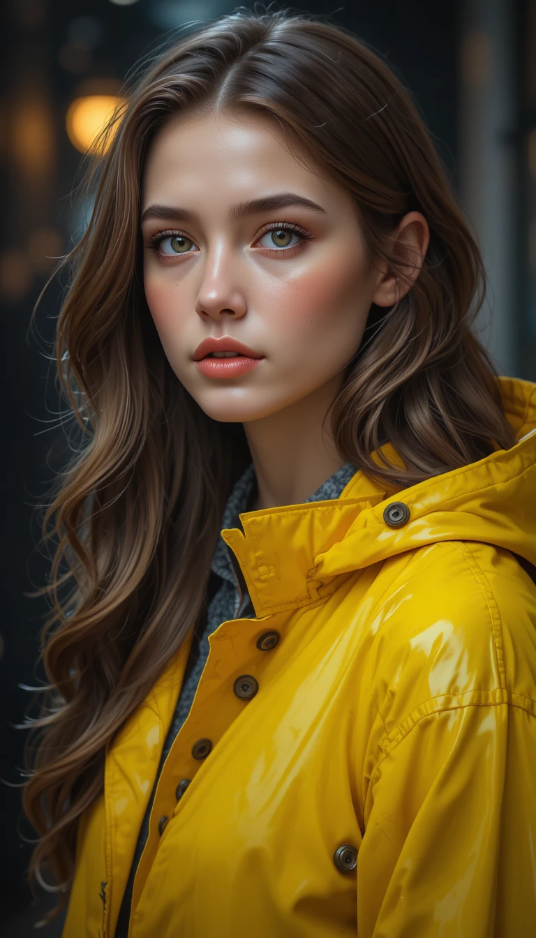 Thoughtful young woman in bright yellow raincoat portrait