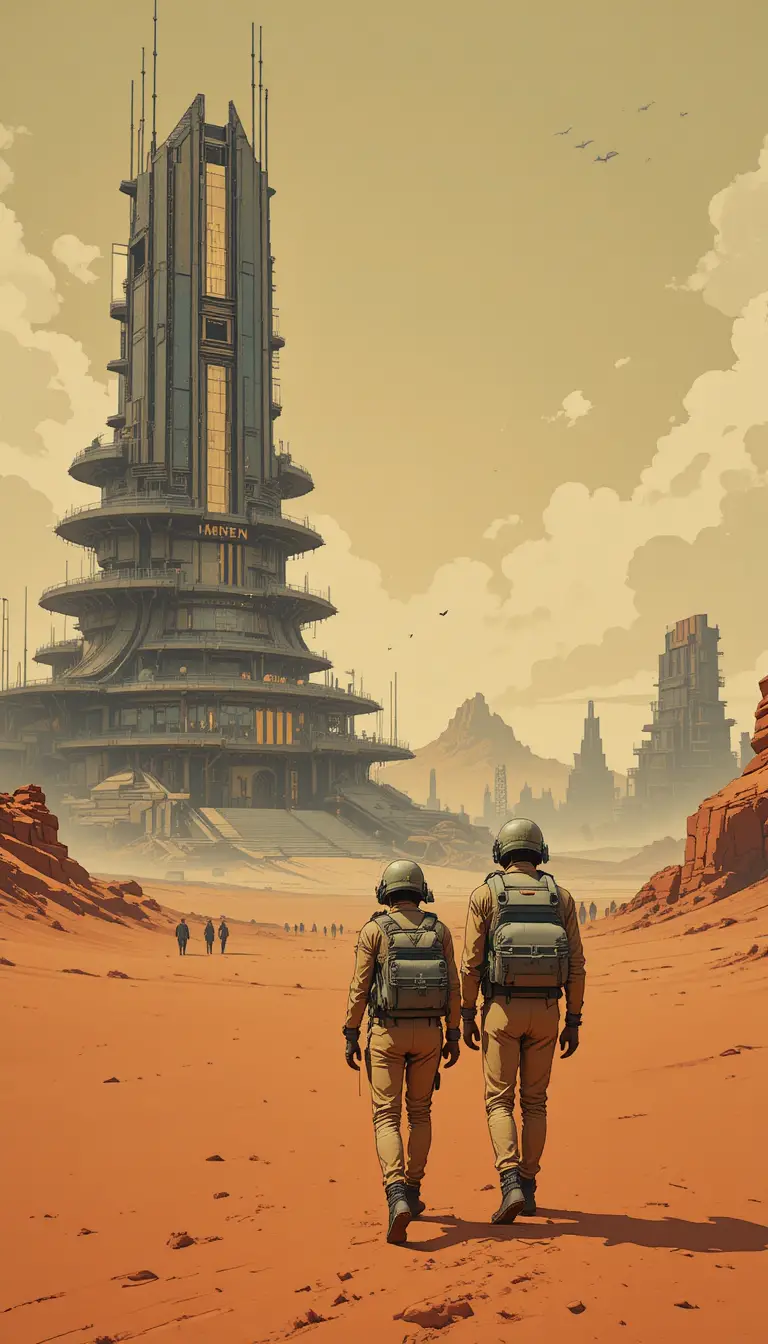 Lone travelers crossing a vast desert toward a futuristic city