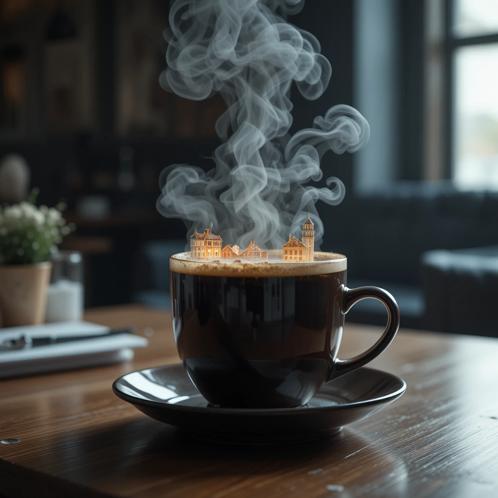 Taza de café con vapor holográfico que proyecta diminutos paisajes