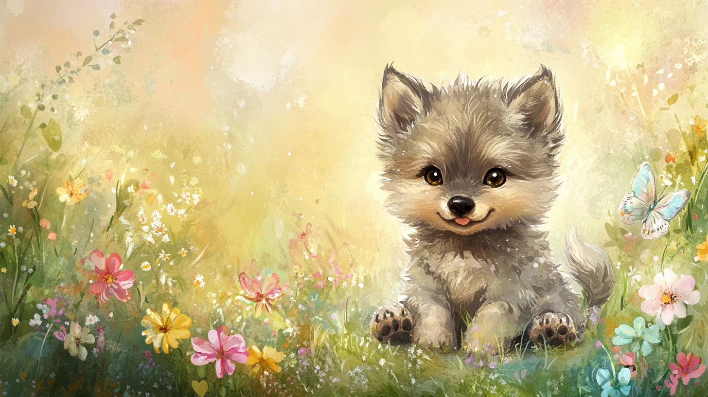 Adorable bébé louveteau dans une prairie ensoleillée de fleurs sauvages