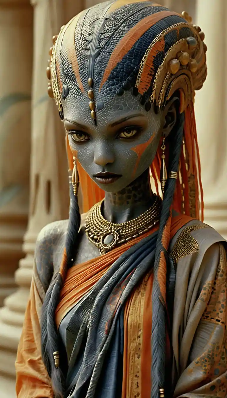 Mujer reptil alienígena en retrato ceremonial sci‑fi tribal