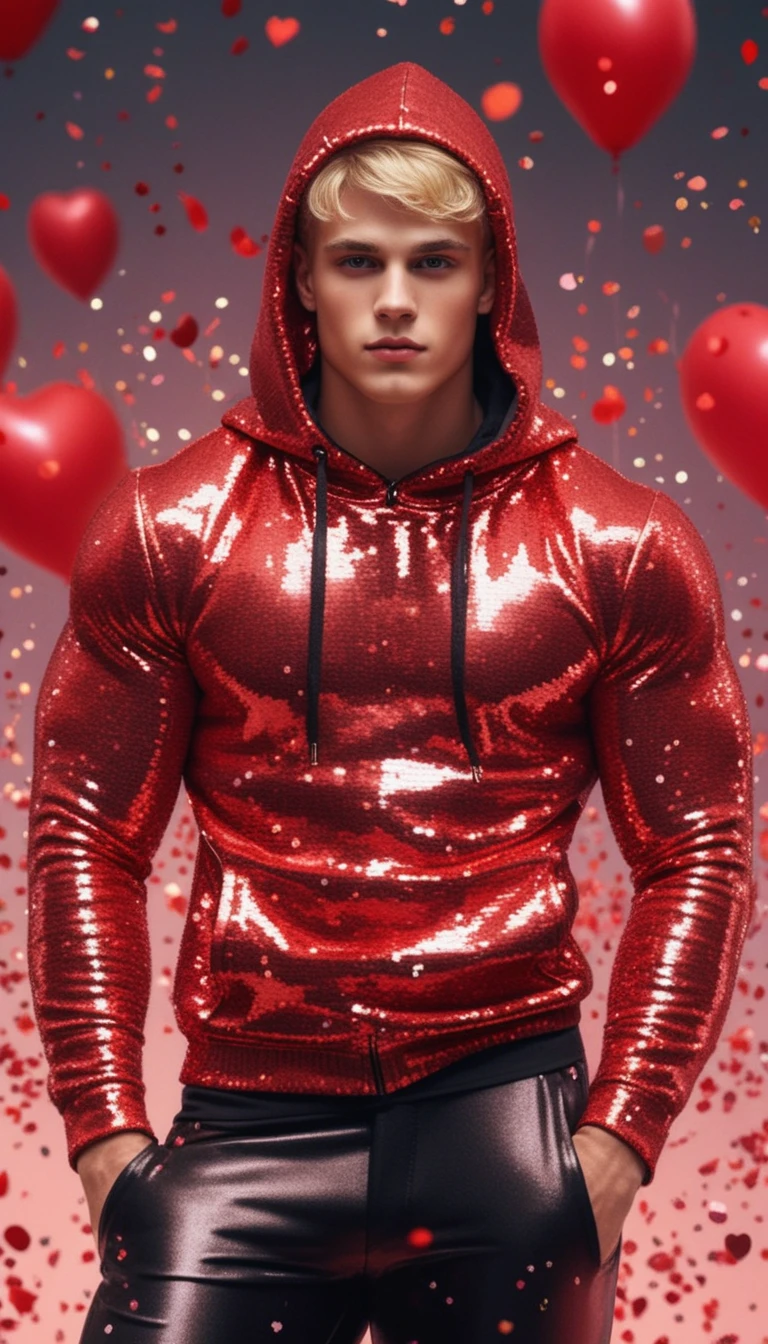 Muscular blonde man in black and red sequined valentines suit