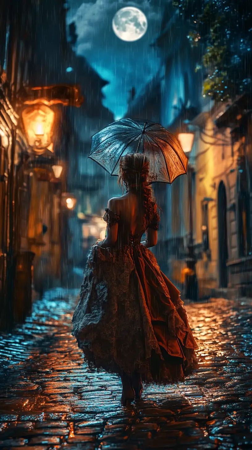 Beautiful woman on a rainy steampunk Victorian street at night