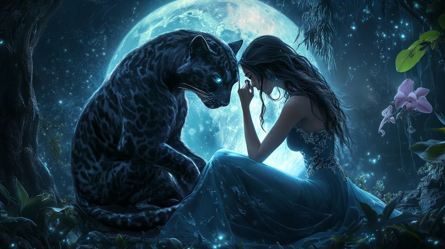 Mujer Transformándose en Pantera bajo la Luminosa Luna Llena