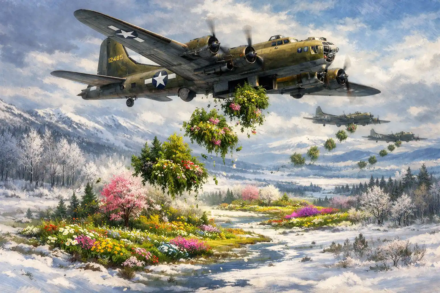 WWII bomber dropping spring over a frozen winter valley