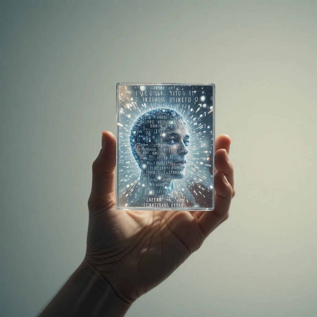 人類的手握著鏡子對映發光的資料宇宙
