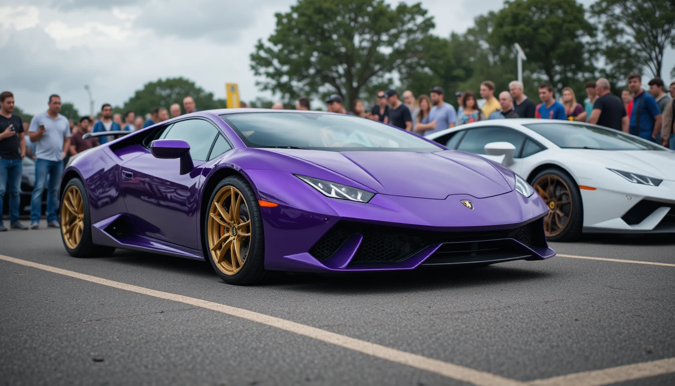 Auto deportivo morado exhibido en un evento automotriz al aire libre