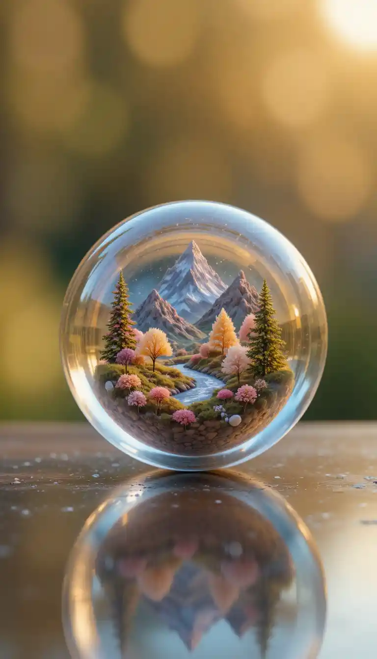 Macro soap bubble holding a dreamy pastel fantasy landscape