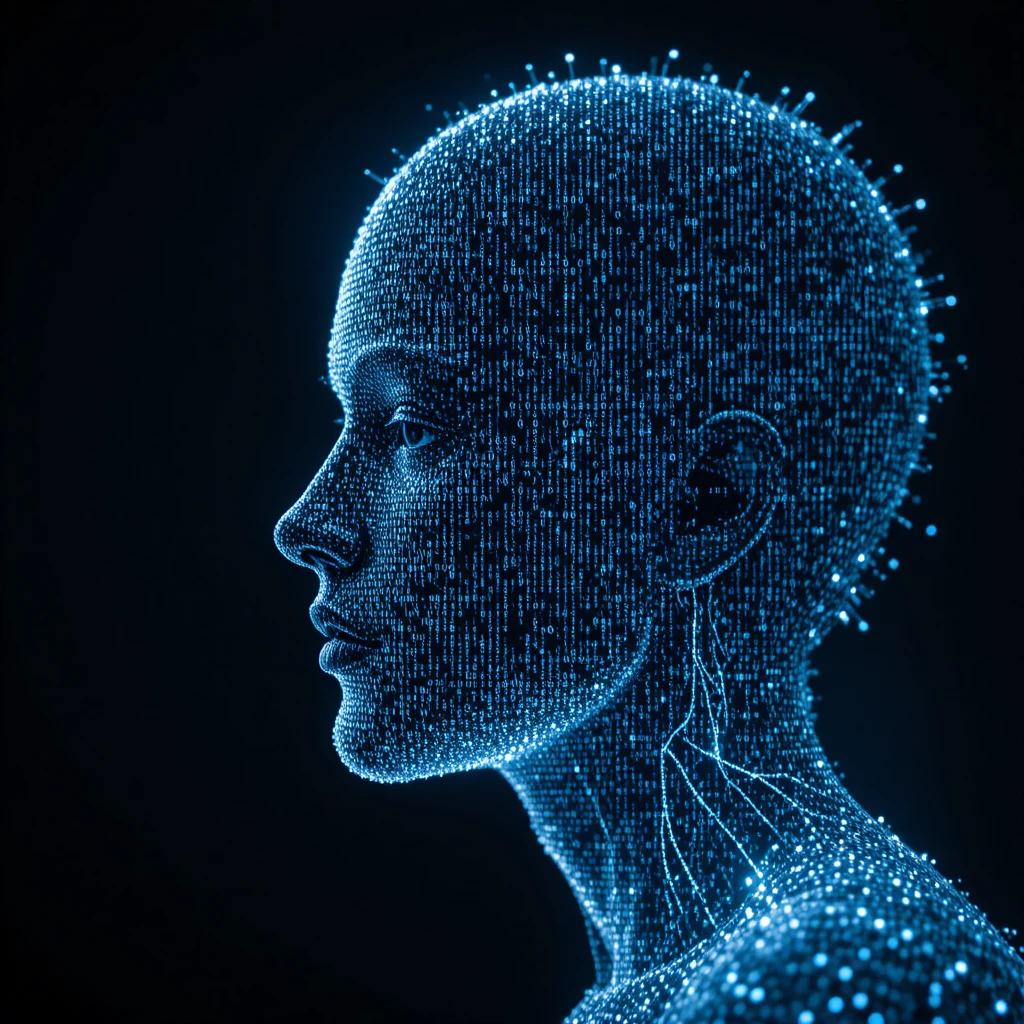 Human face exhaling data forming a digital flower