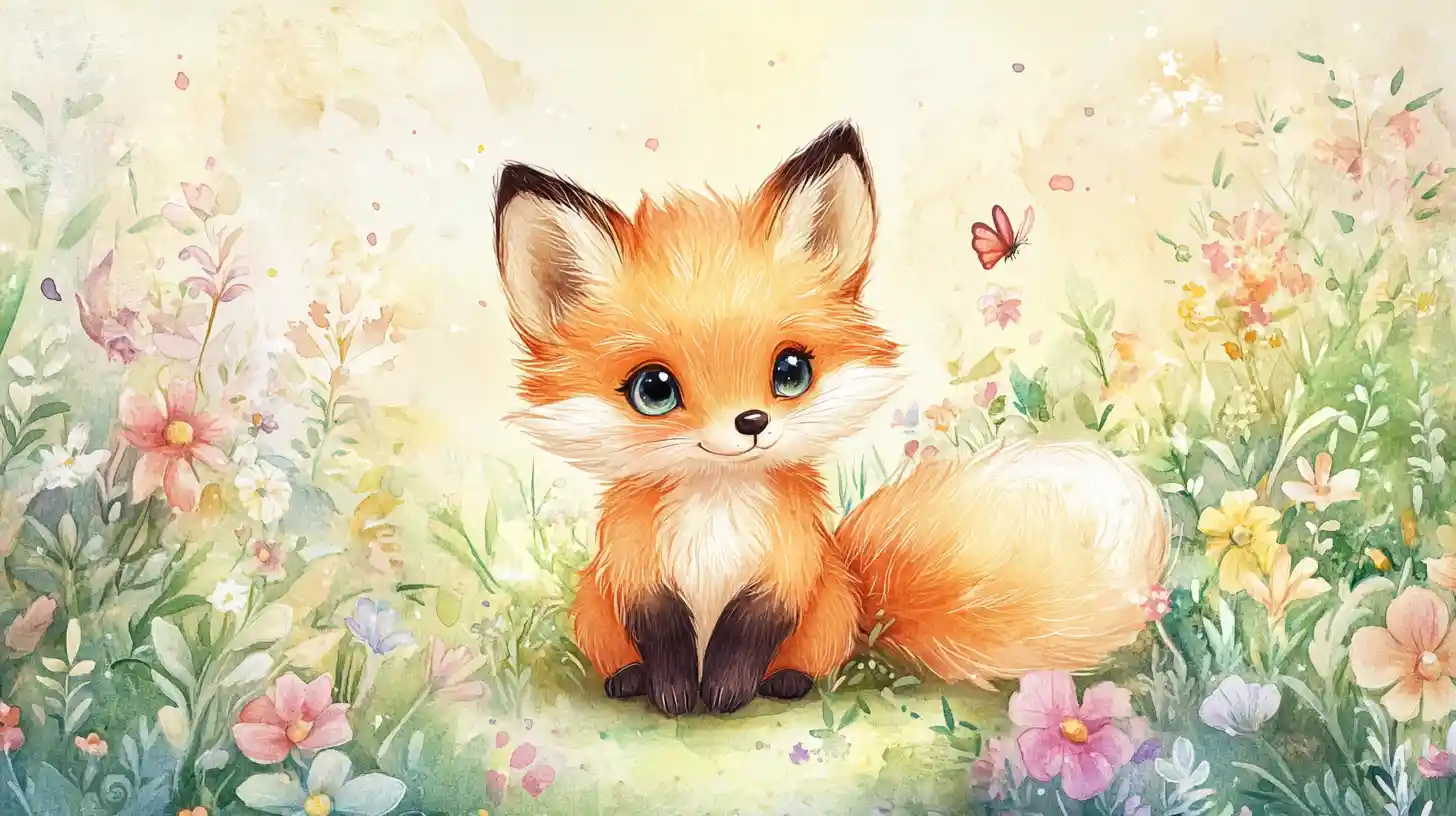Cute baby fox in a sunny watercolor flower meadow