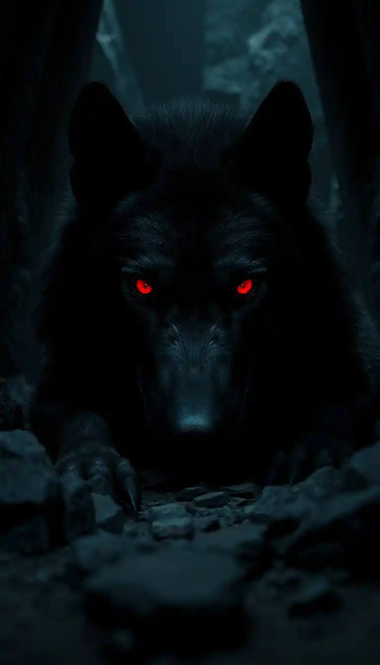 Gigantischer schwarzer Wolf mit glühend roten Augen in dunkler Höhle