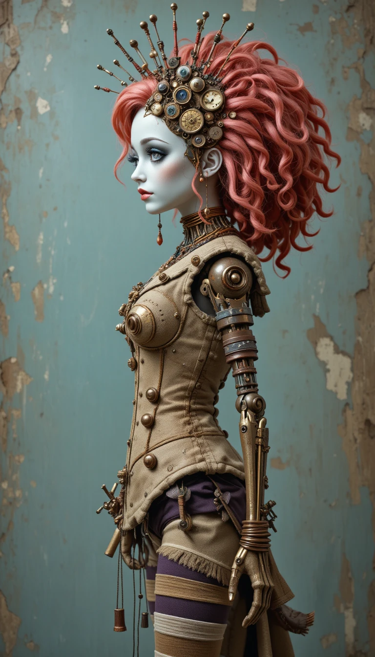 Steampunk gothic ragdoll woman in side profile view
