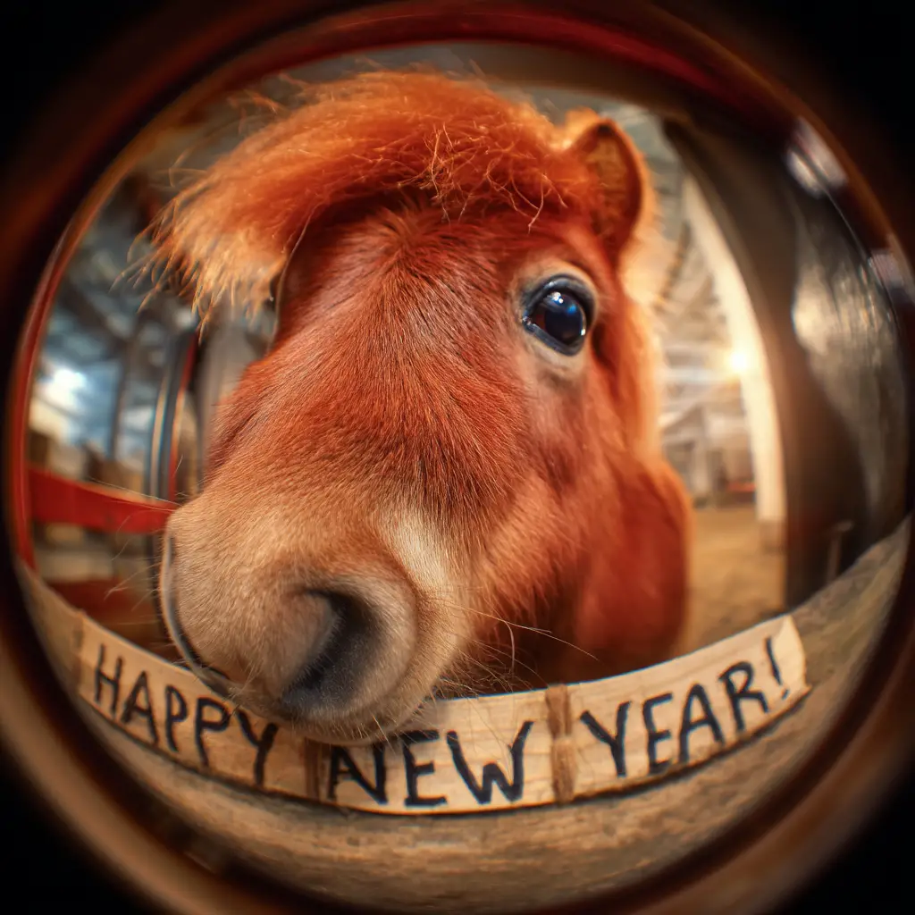 Playful red horse peering through a fisheye peephole