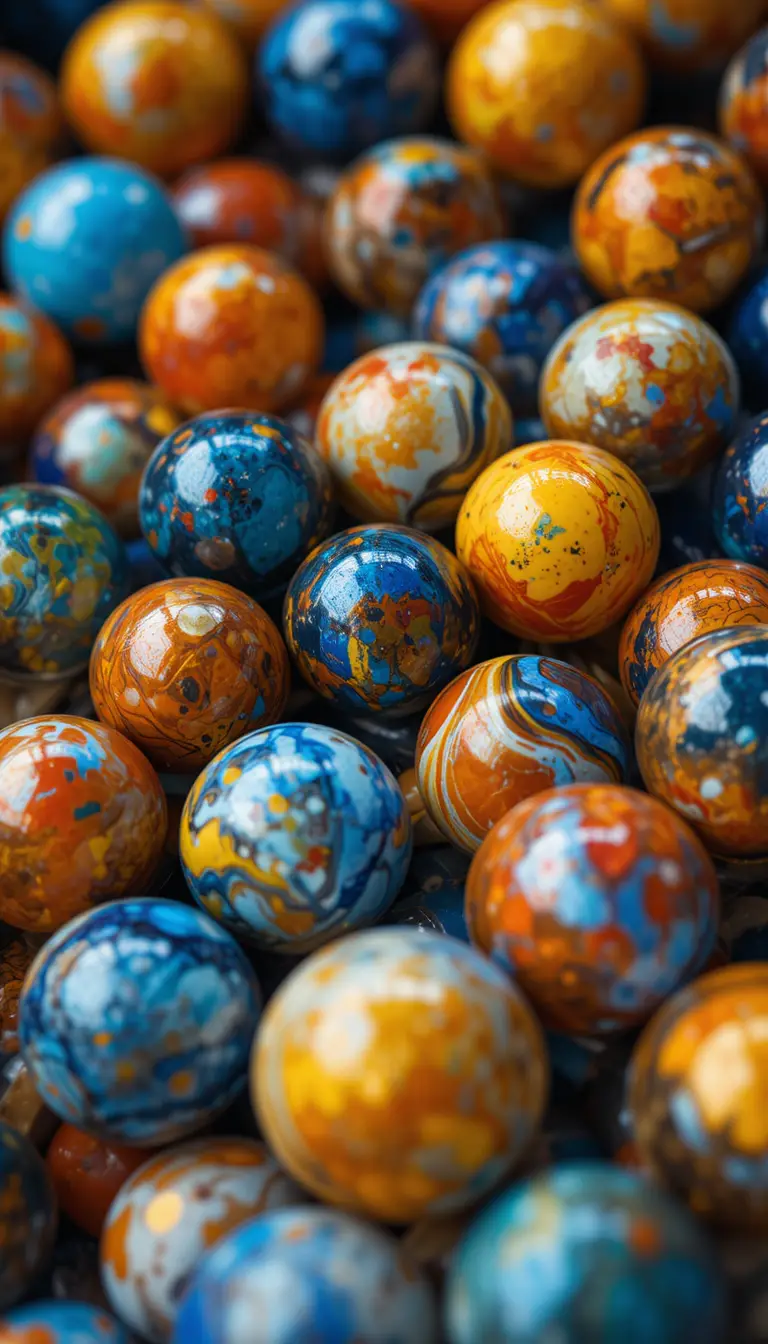 Colorful close up of shiny glass marbles with blurred background