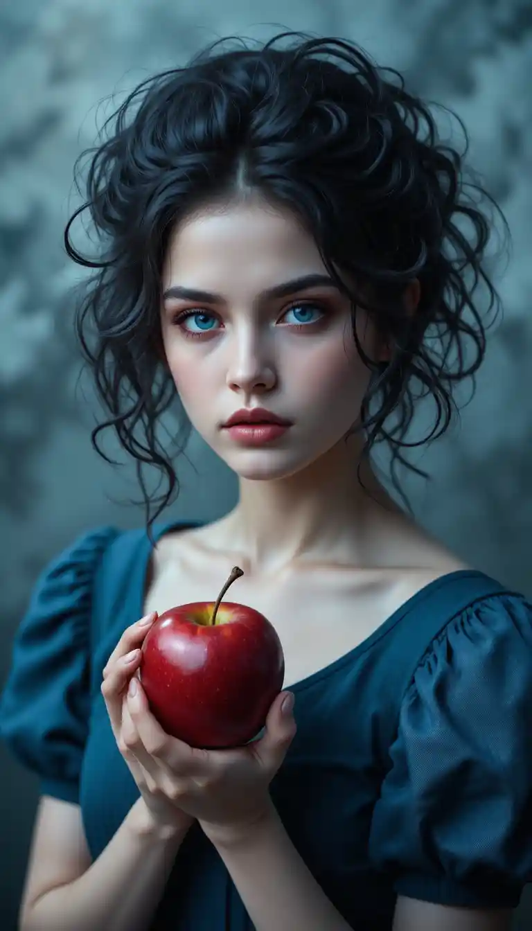 Young woman with blue eyes holding a red apple