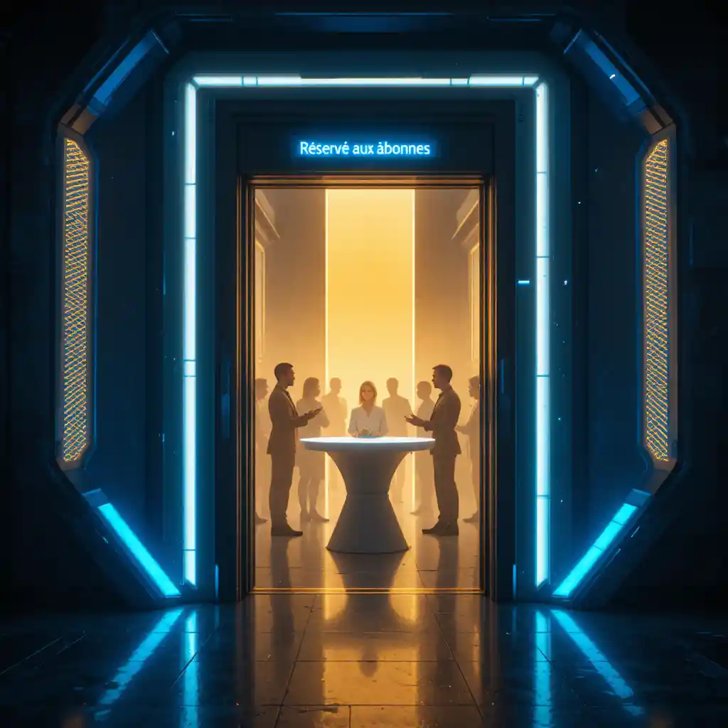 Futuristic doorway revealing golden light and blurred figures