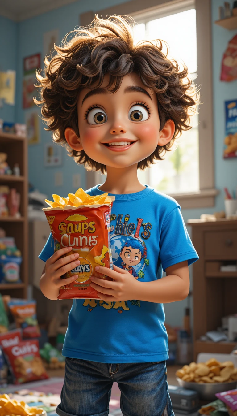 Lockiger Junge, der Chips in sonnigem, unordentlichem Zimmer festhält
