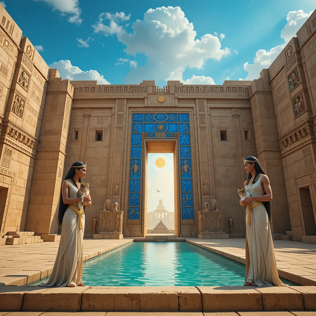 Ancient Egyptian priestesses with sacred cats by a turquoise pool