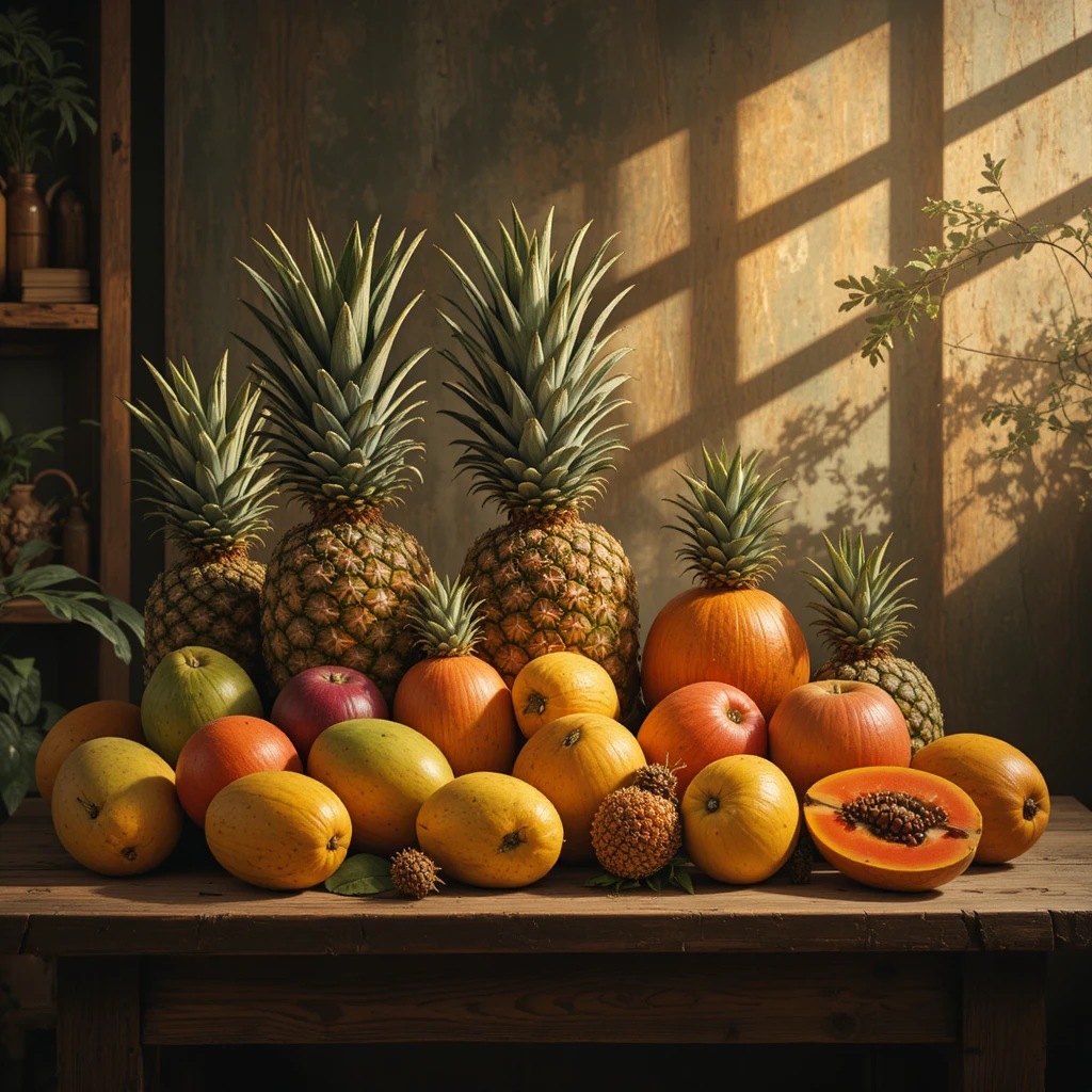 Frutas tropicais sobre mesa de madeira rústica na luz dourada e quente