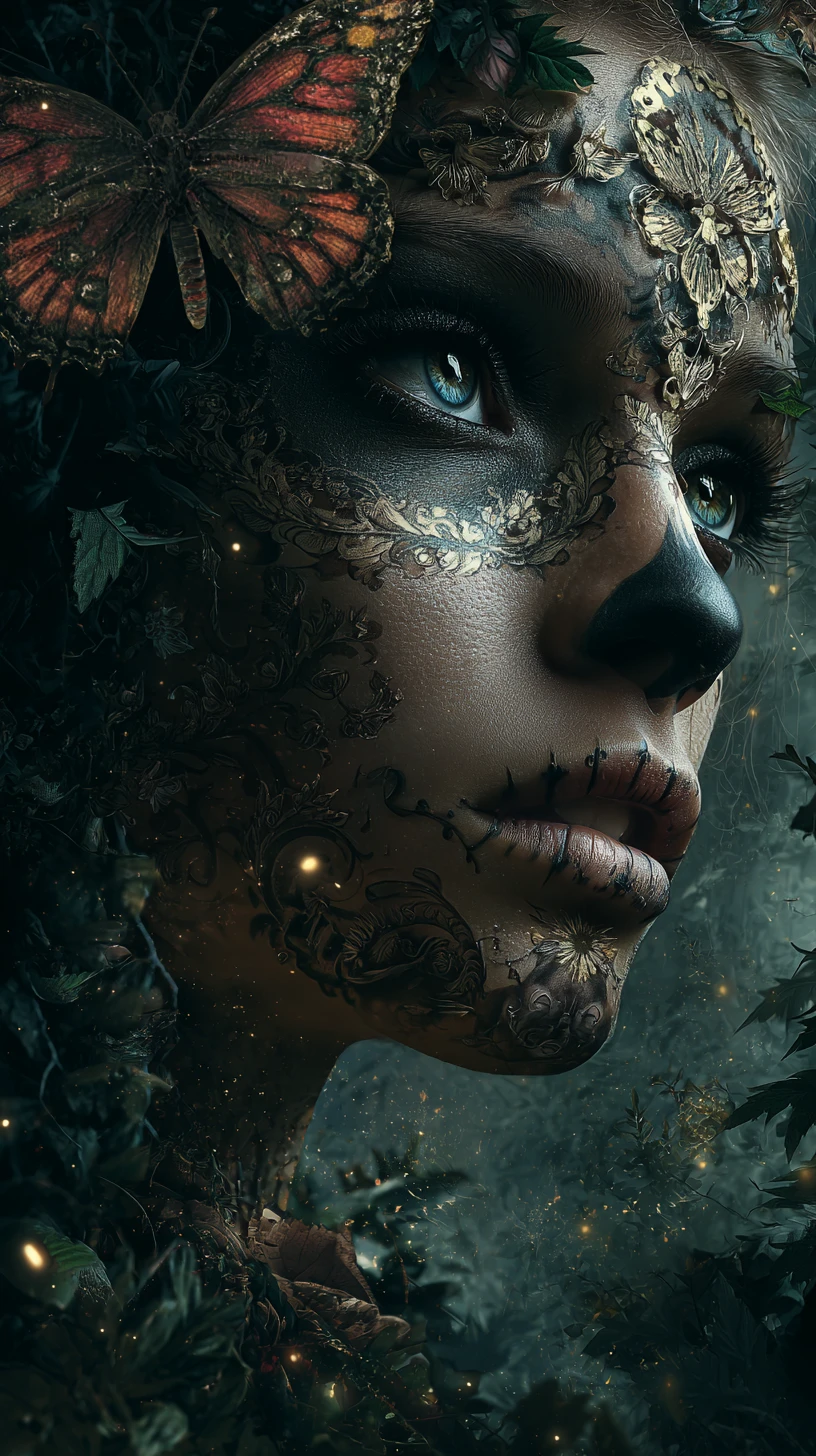 Gothic woman with skeletal makeup in dark fantasy forest