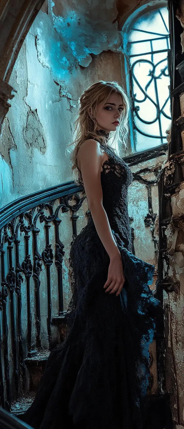 Young woman on spiral stairs in moonlit victorian mansion