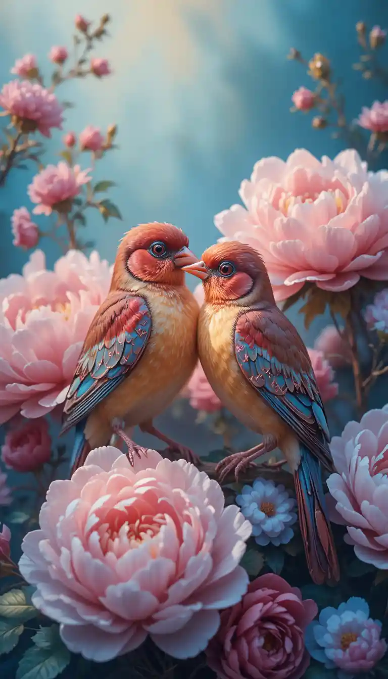 Aves Encantadas Entre Peonías Rojas y Azules