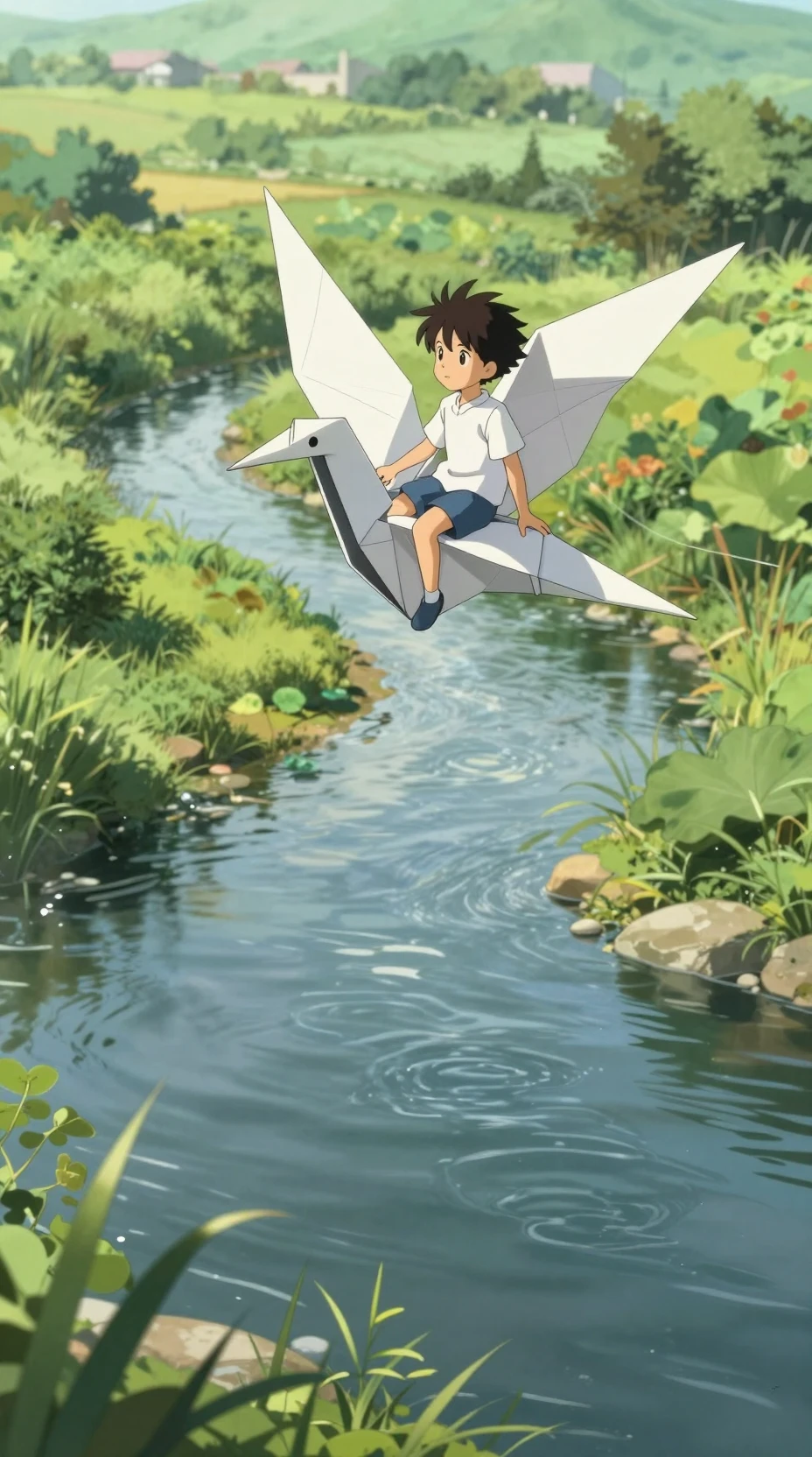 Chico de anime montando un enorme pájaro de origami sobre el río