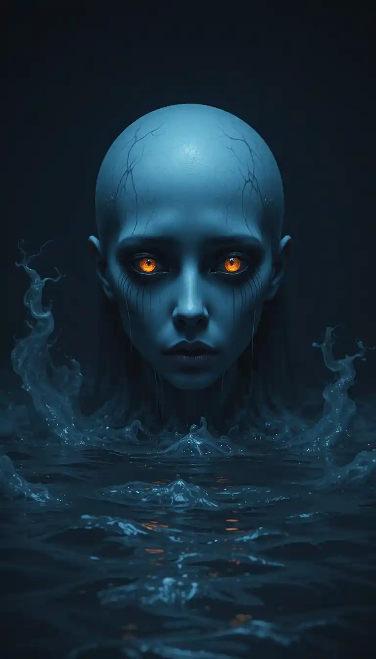 Ghostly face with glowing orange eyes above dark waves