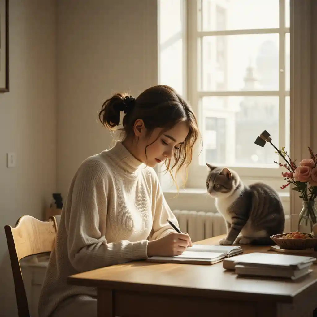 Woman journaling at a desk beside a calm cat