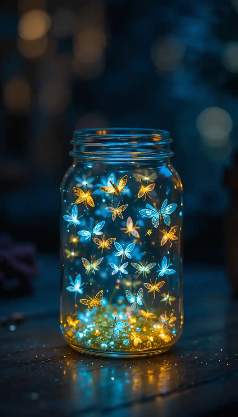 Luciérnagas de gemas brillantes en un pequeño frasco de vidrio en primer plano
