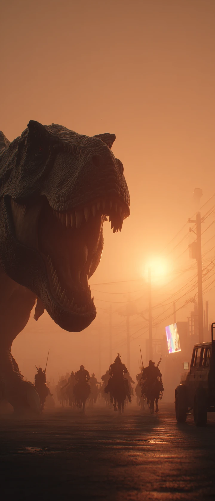 Legionari romani combattono un dinosauro colossale al crepuscolo illuminato al neon