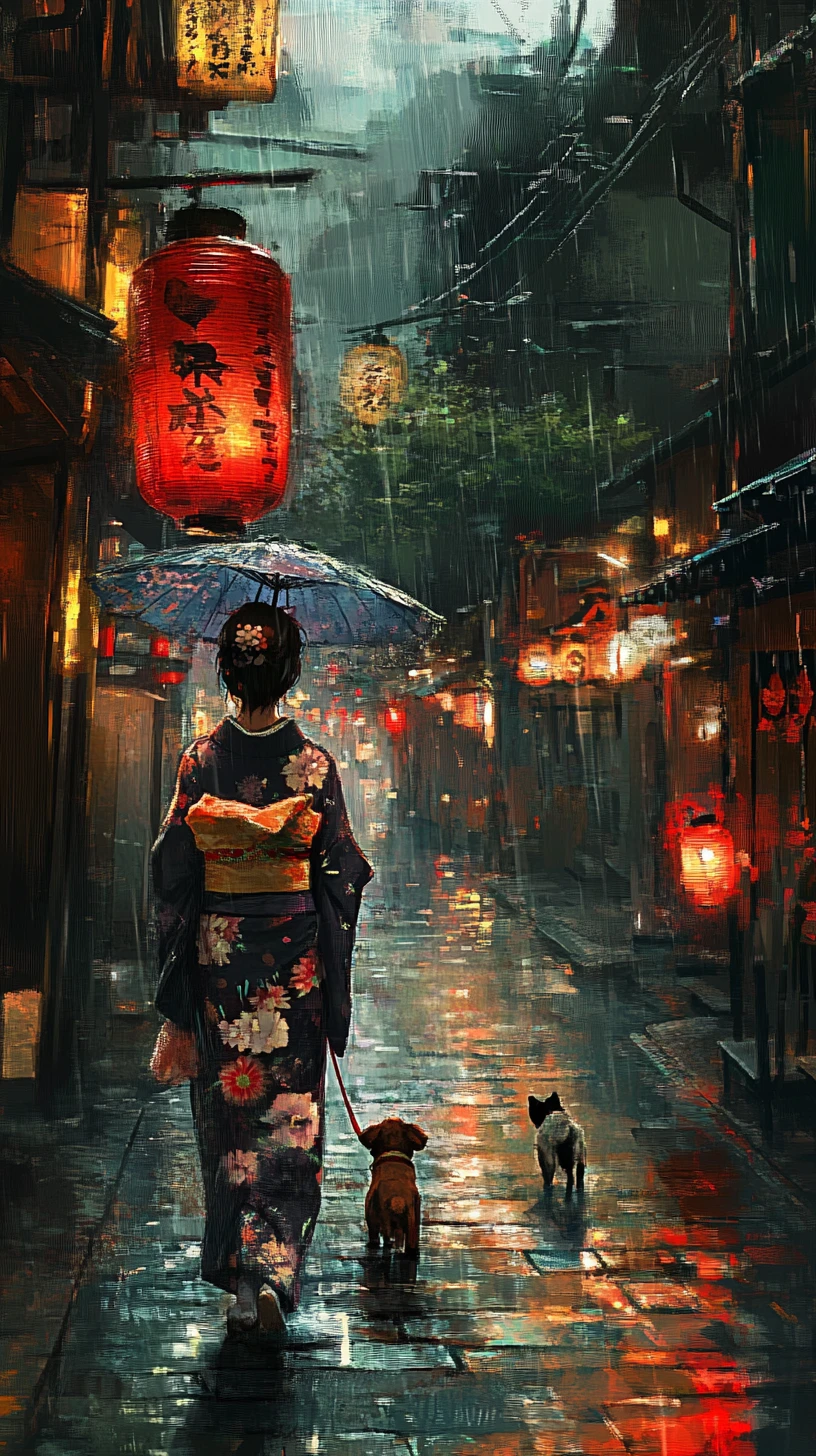 Woman in kimono walking her dog on rainy lantern street