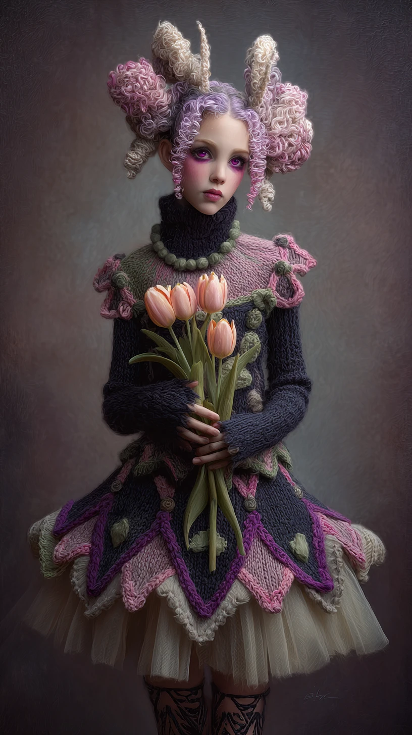 Mujer melancólica surrealista con vestido tejido en tonos pastel oscuros