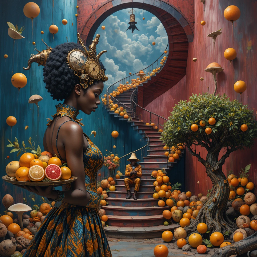 Surreal woman with citrus mushrooms in theatrical profile
