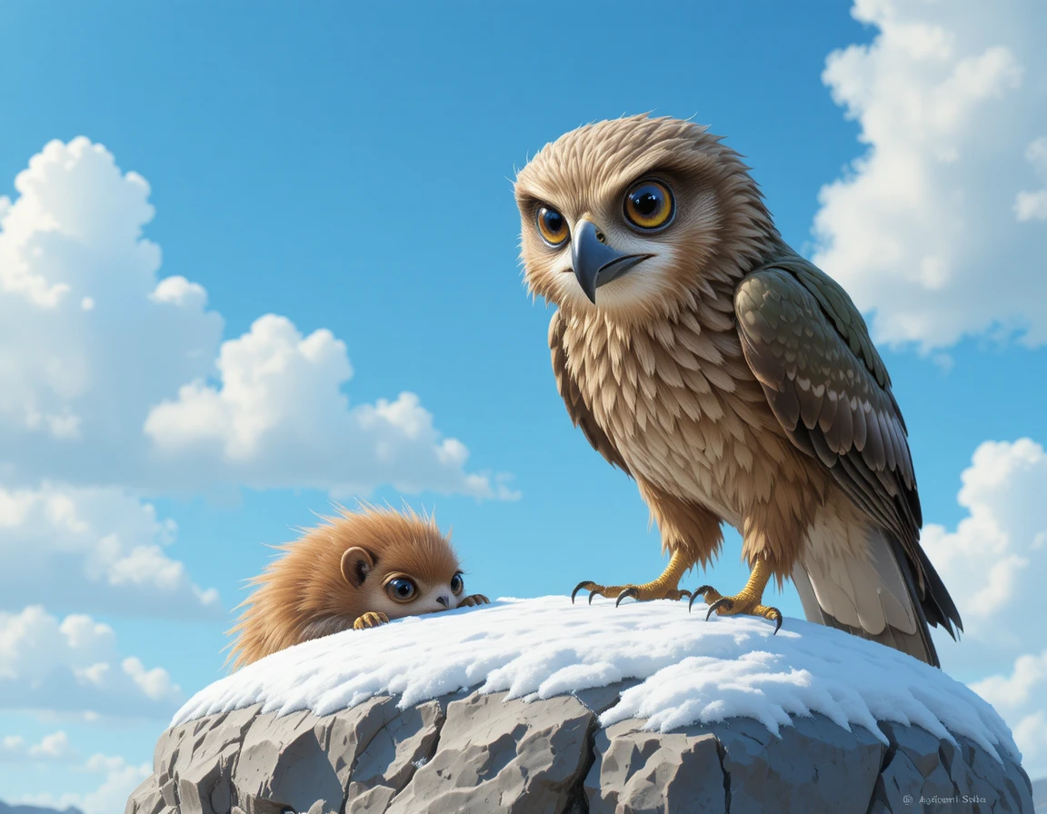 Brown hawk watching prey on a snowy rock