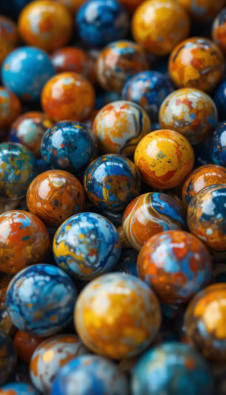Colorful close up of shiny glass marbles with blurred background