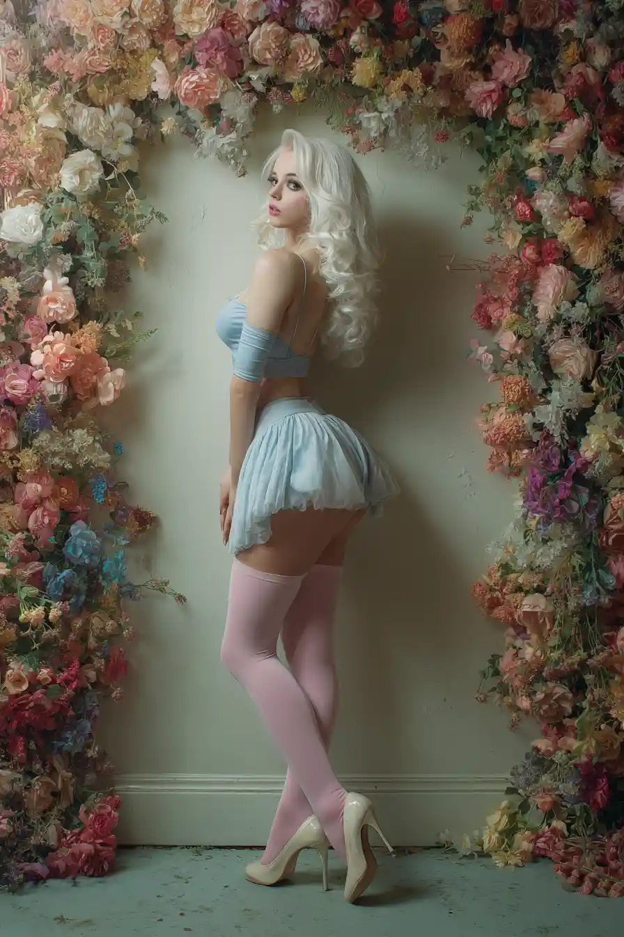 Modern rococo girl with flowing white hair among flowers