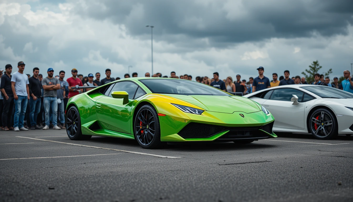 Carro esportivo roxo em um estacionamento em um evento de carros