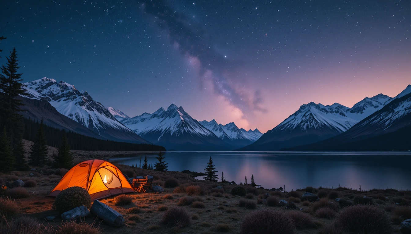Picos nevados de Alaska sobre un tranquilo campamento junto al lago al anochecer