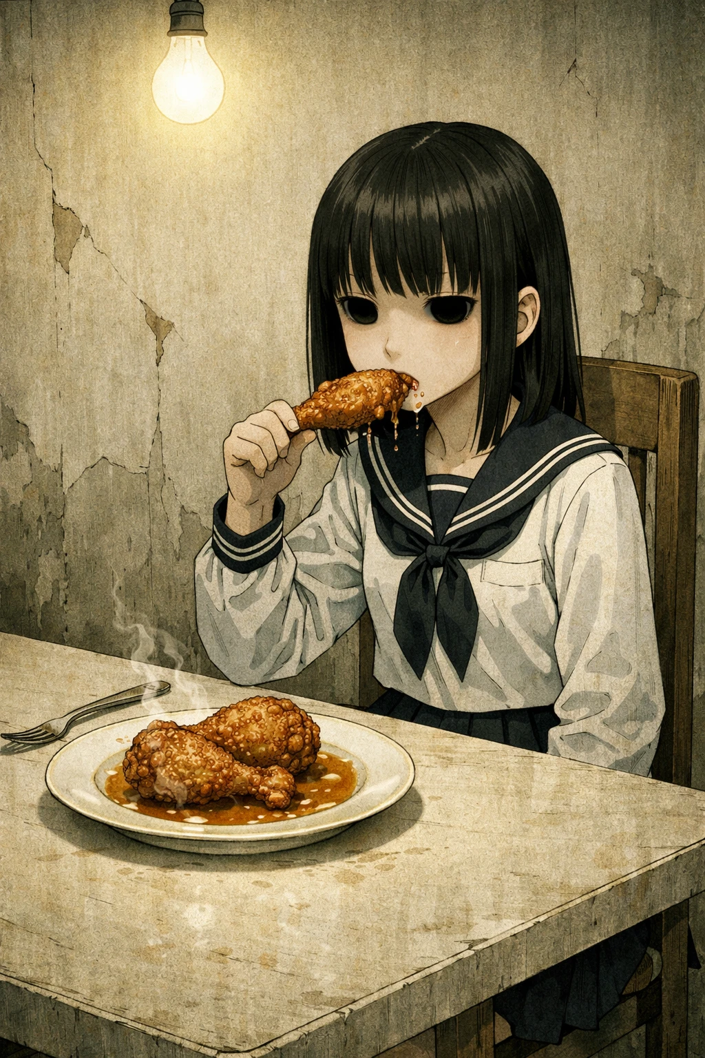 質素な部屋の食卓に座る無表情なアニメ少女